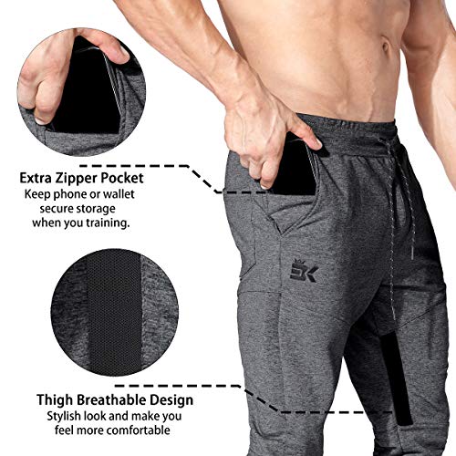 BROKIG Mens Gym Jogger Pants,Casual Slim Workout Sweatpants with Zipper Pockets Bodybuilding Athletic Pants(2 Pack-Black-Dary Grey,Small)