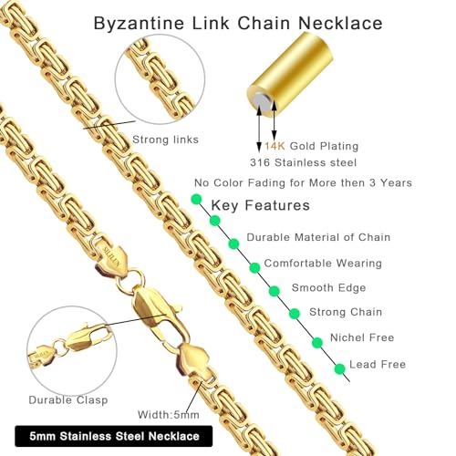 SILILUN Byzantine Chain Necklace Stainless Steel 14K Gold 5mm Wide Punk Jewelry Hip Hop Necklace Chain Men Women(18 Inches, Byzantine 5mm Wide 14K Gold)