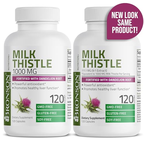 Bronson Milk Thistle Silymarin Marianum & Dandelion Root Liver Health Support, Antioxidant Support, Detox, 120 Capsules