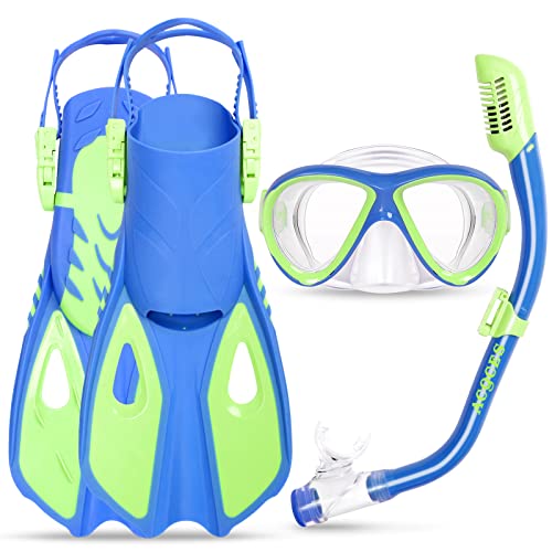 Kids Mask Fins Snorkel Set, Dry Top Snorkeling Gear for Kids Youth Boys Girls Junior Age 5-15 Tempered Glass Snorkel Mask Set Panoramic View Snorkeling Packages