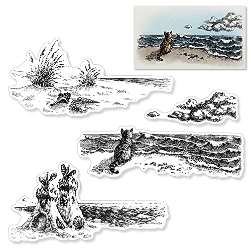 Sea Background Clear Stamp for Card Making, Thanksgiving Lighthouse Cat Cloud Grass Clear Rubber Stamp for Holiday Card Making Decoration and DIY Scrapbooking Album DIY Crafts