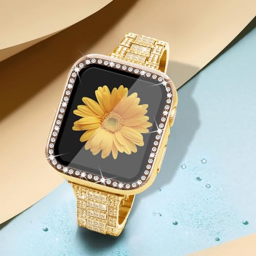 Mesime Compatible for Apple Watch Band with Screen Protector Case, Jewelry Replacement Bands 45mm 44mm 42mm 41mm 40 mm 38mm 2 Pack Bling Protective Cover for iWatch Series 9/8/7/6/5/4/3/2/1/SE Women