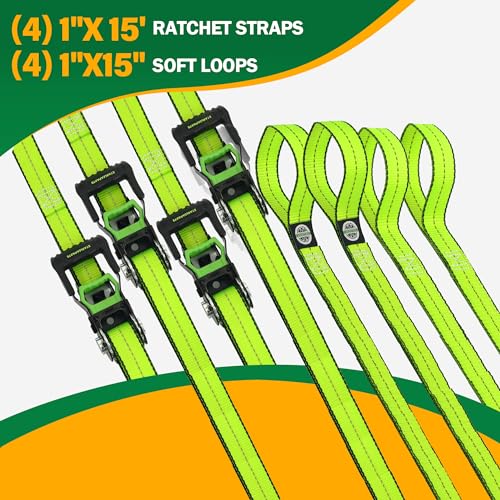 Motorcycle Tie Down Strap (4PK) - 2,100lb Break Strength Ratchet Tie Down Straps Set with 2 Bungee Cord, Soft Loop Ratchet Straps for Moving Appliances, Lawn Equipment, Cargo Straps for Trucks, Camo