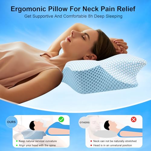 Anvo Cervical Pillow for Neck Pain Relief - Neck Pillows for Pain Relief Sleeping - Memory Foam Pillow for Neck and Shoulder Pain - Ergonomic Pillow for Side Back Stomach Sleeper-Blue Firm Queen