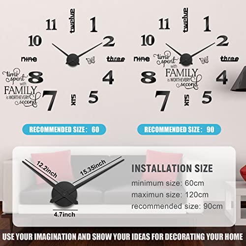 Junkin 3D Large Frameless DIY Wall Clock Modern Decor Family Quote Wall Stickers Clock Kit for Home Living Room Bedroom Office Decorations Adjustable Size(Black)