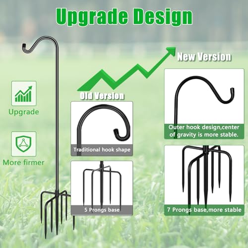 FEED GARDEN Adjustable Outdoor Shepherds Hook Bird Feeder Pole with 7 Prongs Base, 60 Inch Tall Heavy Duty Shepard Hook Stand for Hanging Bird Feeders, Plant Baskets, Black (1 Pack)