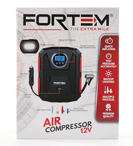 FORTEM Tire Inflator Portable Air Compressor 150 PSI, 12V Electric Bike Pump for Car Tires and Bicycles with LED Light, Digital Tire Pressure Gauge w/Auto Pump/Shut Off, Carrying Case (Black)