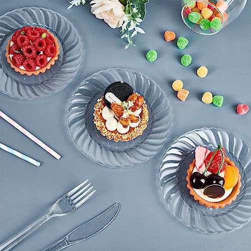 FOCUSLINE 100 Count 6 Inch Clear Plastic Plates, Disposable Heavy Duty Salad Dessert Plates- Premium Hard Plastic Plates Fancy Disposable Clear Plates for Weddings, Parties and Events