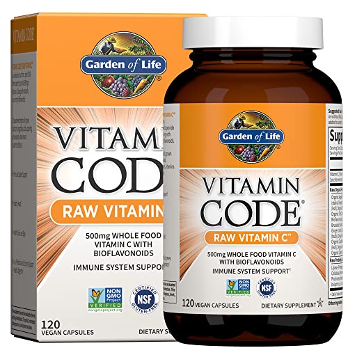 Garden of Life Raw Vitamin Code Vitamin C, 120 Vegan Capsules, 500mg Whole Food Vitamin C Supplements with Bioflavonoids, Fruits & Veggies, Probiotics, Gluten Free for Adults