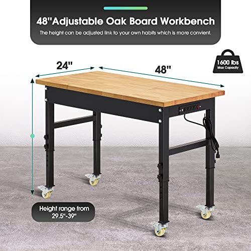 Antifir 48" Adjustable Workbench,Heavy Duty Workstation with Rubber Wood Top, 2000 LBS Load Capacity Hardwood Garage Workbench for Garage,Office,Workshop,Home, Easy Assembly