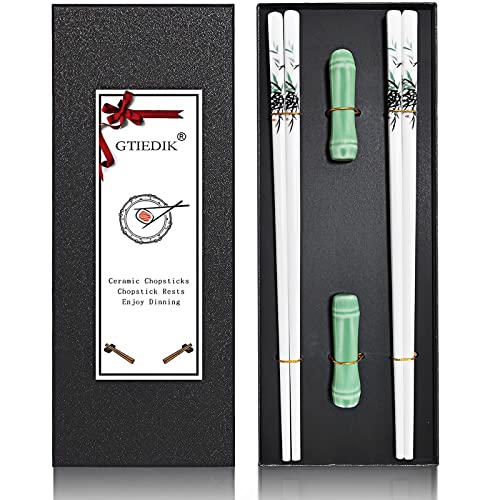 Porcelain Chopsticks and Porcelain Holder,2 Pairs Reusable Chopsticks with Delicate box, Washable and Dishwasher Safe, Ceramic Chopsticks Chinese Japanese Korean Classic Stylish(Green Bamboo)