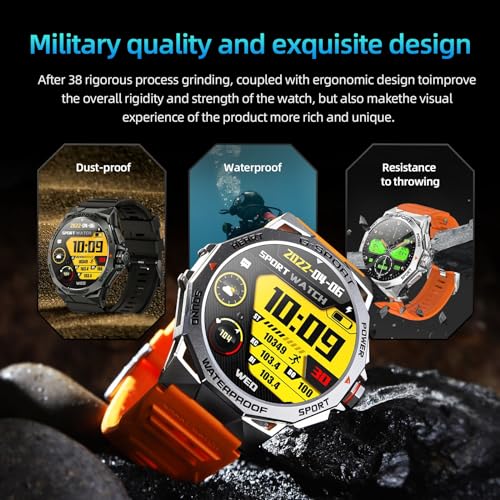 Tbtxyxl Military Smart Watches for Men,1.43'' Amoled Ultra HD Sport Watch with(Call Receive/Dial),100+Sports Modes, IP68/Heart Rate/Sleep/SpO2/Blood,Outdoor Rugged Watch for Android and iOS (Black)