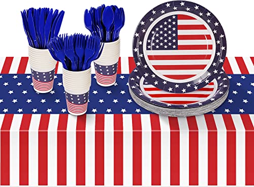 Patriotic Party Supplies,152Pcs American Flag Themed Party Set, Patriotic Party Decorations, American Flag Tablecloths,4th of July Plates Cups, Red White and Blue Decor for Outside, Picnic, Memorial