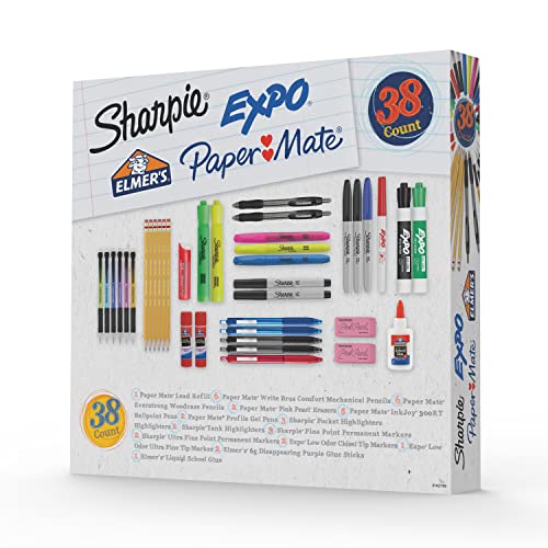 School Supplies Kit, Highlighters, Mechanical Pencils, Glue Sticks, Erasers, Permanent Markers, Gel Pens, Pencils, School Glue and more from Sharpie, Elmer’s, Paper Mate, & Expo, 38 pieces