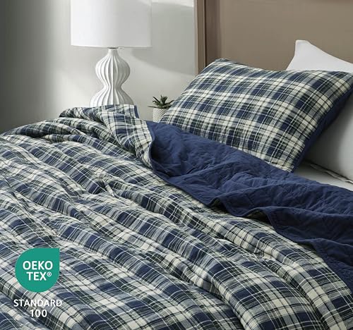 Chezmoi Collection Chad 2-Piece Printed Plaid Cotton Quilt Set Twin Size - Blue Green Light Beige Plaid - Stone Washed Cotton Breathable Lightweight Bedspread Set