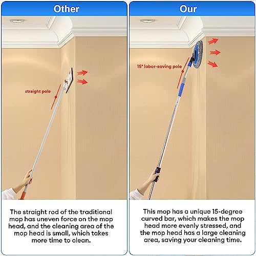 Wall Cleaner, Max 66'' Wall Mop with Long Handle, Ceiling Dust Mop with 15° Labor-Saving Elbow Extension Pole, Baseboard Duster Washer Scrubber, High Reach Window Cleaning Brush, Roof Cleaning Tool-GY