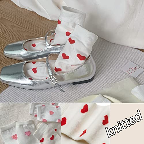 CHUNFO Cute Heart White Red Crew Women Socks Frilly Fun Bear Pattern Long Ankle Novelty Aesthetic Girls Sock 4 & More Pairs