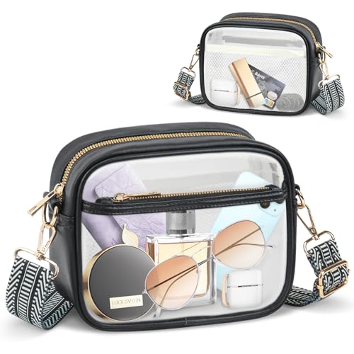 MOMSIV Clear Bag for Stadium Events, Clear Crossbody Bag with Front Pocket & Mesh Pocket Clear Purse Bag for Concerts Sports Festivals Black