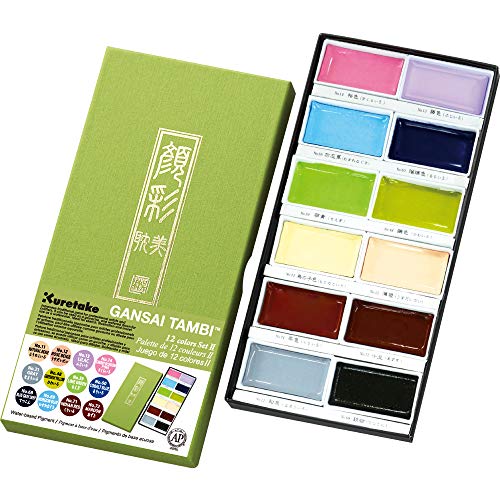 Kuretake GANSAI TAMBI Watercolor Paint Set 12 Colors Set - Nuance Color, Professional-Quality, for Artists, Beginners, kids, Non-Toxic, Made in Japan