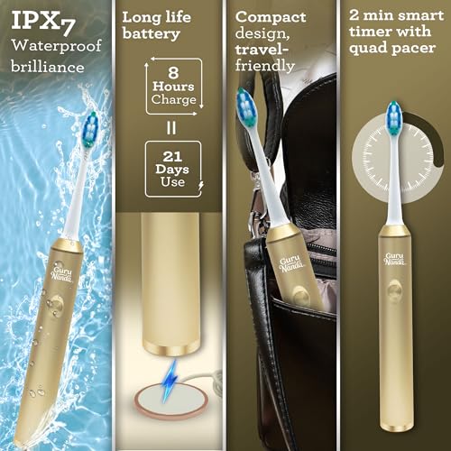 GuruNanda Steel Sonic Toothbrush - Rechargeable, 5 Modes, 2 Min Smart Timer & Replacement Brush Heads - Gold