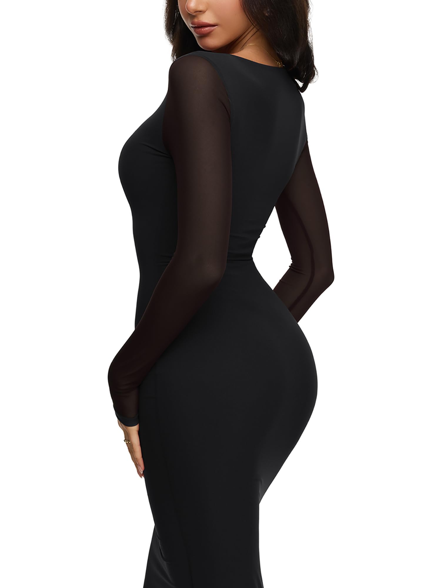 REORIA Women's Fall Mesh Sheer Long Sleeve Wedding Guest Dress Sexy Floral Bodycon Maxi Long Dresses Black Onyx Small