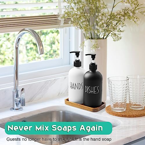 ALELION Glass Dish Soap Dispenser for Kitchen - 16 OZ Hand Soap Dispenser Set with Pump and Acacia Wood Tray - Black White Modern Farmhouse Kitchen Bathroom Decor and Accessories