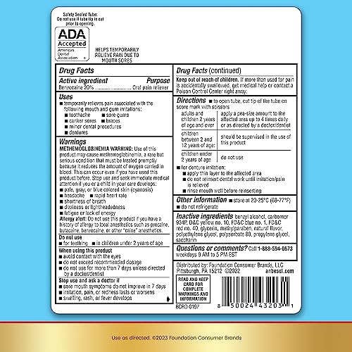 Anbesol Maximum Strength Oral Pain Relief Gel, Instant Pain Relief For Toothache Pain, Canker Sores, Sore Gums, Mouth Sores, Denture Pain, and Aligner Pain, ADA Accepted, 0.33 oz (packaging may vary)