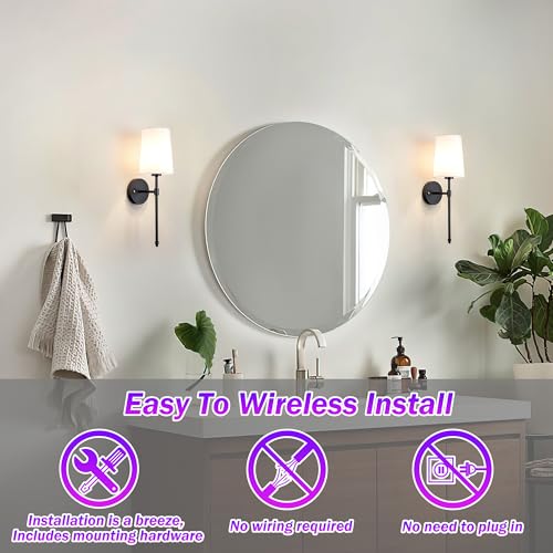Battery Operated Wall Sconce Light with Remote Control, Dimmable Set of 2 White Fabric Shade, Indoor Wireless Lamp For Bedroom Living Room, Bulb Included (