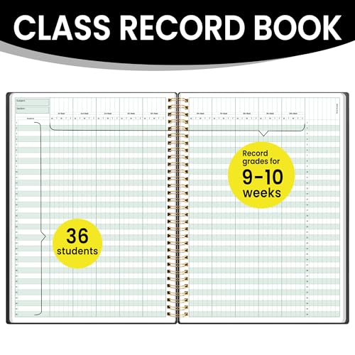 SUNEE Teacher Class Record Book for 9-10 weeks, 36 Names, 8.5x11 Inch, 102 Pages(51 Sheets), 100gsm Thick Paper, Larger Grade Recording for up to 36 Students with Water-Resistant Plastic Cover, Black