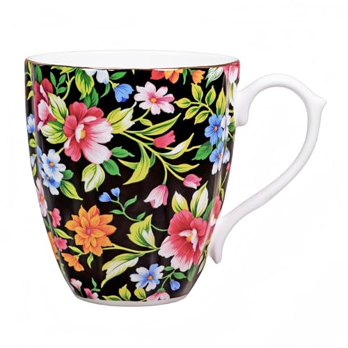 PMNING 14oz Floral Mug Porcelain Coffee Tea Cups - Novetly Floral Coffee Mugs Flower Coffee Mugs for Women Men - Christmas Birthday Gifts for Dad Mom Brother Friend(Black)