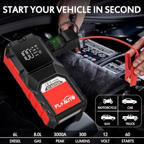 3000A Jump Starter Battery Pack,Portable Car Jumper Starter for up to 8L Gas&6.0L Diesel Engines,12V Auto Battery Booster with Smart Charging Port, LCD Display, Intelligent Jumper Clamps