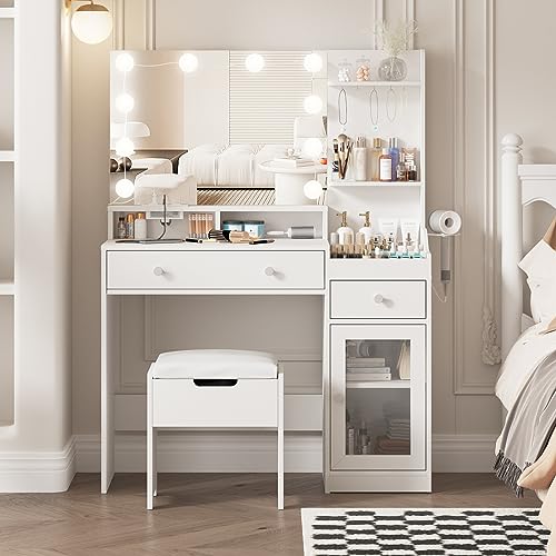 Vabches Vanity with Mirror and Lights, Makeup Vanity Table with Charging Station, Cute Vanity Set with Comfortable Bench, Big Vanity with 3 Storage Compartments, 39.8inch, White