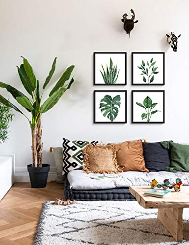 ArtbyHannah Bathroom Wall Art Set of 4 Botanical Wall Decor Green Plant Picture Frame Prints for Home Bedroom Restroom Decoration (Black, 10x10)