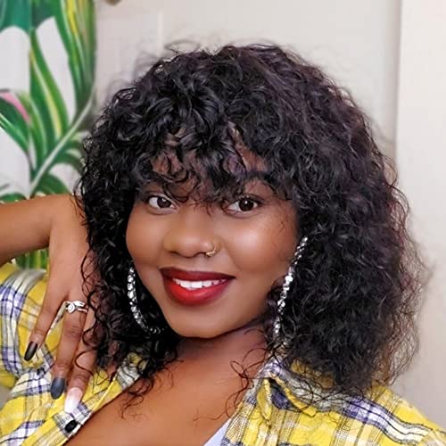 INSBEAUTY Jerry Curly Human Hair Wigs With Bangs 200% Density Virgin Human Hair Glueless Scalp Base Top Full Machine Made Wig For Black Women Brazilian Curly Wigs Natural Color 14 Inch