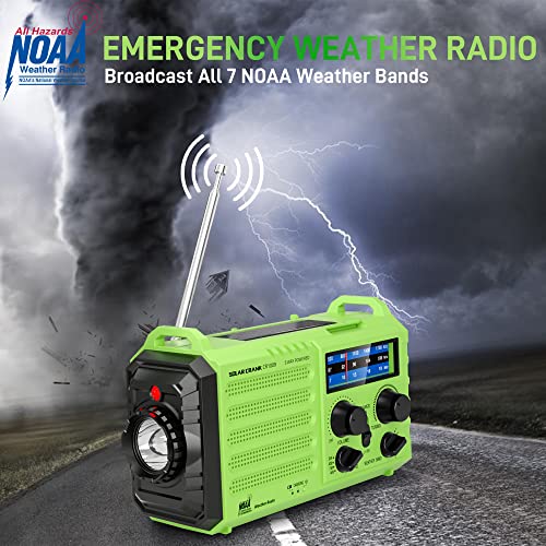 NOAA Emergency Weather Radio,5000mAh Weather Alert Radio,Solar Charging,Hand Crank & USB Charged,Portable AM/FM/SW Radio with Best Reception,Flashlight,Reading Lamp,SOS Alarm,for Home Outdoor(Green)