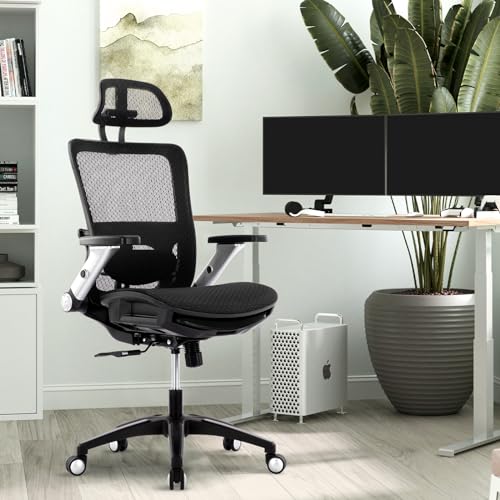 Ergonomic Mesh Office Chair with Footrest, High Back Executive Desk Chair with Adjustable Lumbar Support, Headrest and Tilt Lock, 4D Flip-up Arm-Black