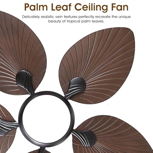 Wiviniya Tropical Ceiling Fans with Lights, 44 Inch Indoor Outdoor Palm Leaf Ceiling Fan for Patios Porch Bedroom, Remote/APP Control, Dimmable, 6 Speeds, Reversible, Brown