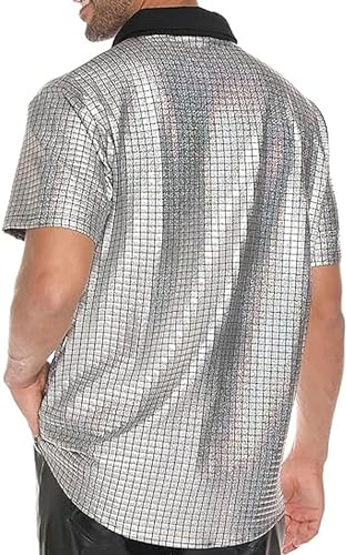 JIEFULL Mens 70s Disco Shirt Sequins Shiny Prom Costume Short Sleeve Button Shirts for Nightclub Party(Light Rainbow,S)