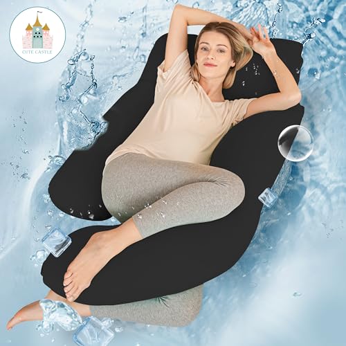 Cute Castle Cooling Cover Pregnancy Pillows, Soft U-Shape Maternity Pillow with Removable Cover - Full Body Pillows for Adults Sleeping - Pregnancy Must Haves - Jumbo 57 Inch - Black