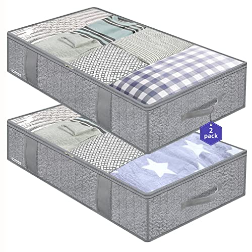 Onlyeasy Large Underbed Storage Bags Organizer Container (2 Pack) with 4 Handles and 2 Sturdy Zippers, Blankets Clothes Comforters Foldable Storage Bags with Clear Window, Herringbone Grey, MXRUBBP2