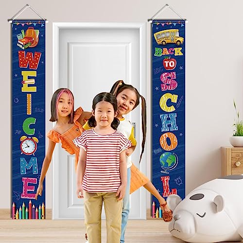 Welcome Back to School Porch Sign Supplies Back to School Door Sign Party Decorations First Day of School Hanging Banners for Kindergarten Pre-school Primary High School Classroom Wall (Blue)