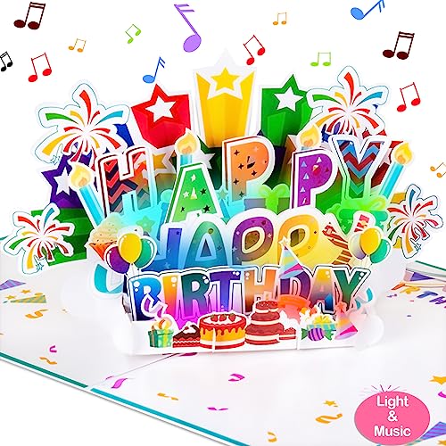 INPHER Large Birthday Card, 3D Pop up Light and Music Happy Birthday Card, Musical Birthday Gift Greeting Card for Men, Women, Kids