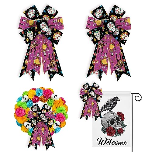 Threetols 2 PCS Halloween Bows for Wreath, Red Black Sugar Skull Flower Wreath Bows Dia De Los Meurtos Bows for Front Door, Day of The Dead Tree Bows for Mexican Ofrenda Party Indoor Outdoor Decor