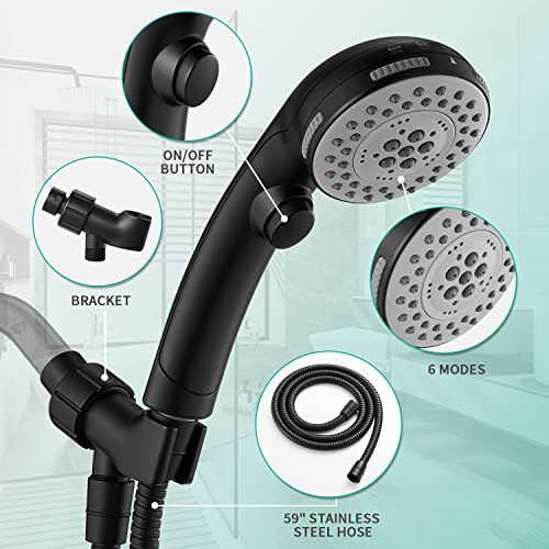 DOILIESE High Pressure 6 Setting Shower Head with Handheld, Shower Heads with ON/OFF Switch and Spa Spray - Matte Black