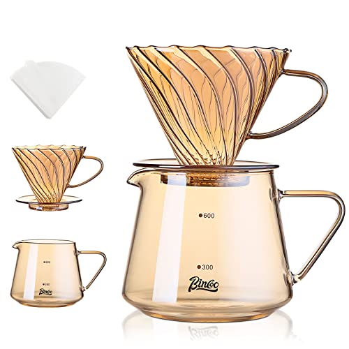 Bincoo Glass Coffee Server Set 600ml- Glass Pour Over Coffee Maker Set with Dripper, V60 Coffee Pot with 50 Count Paper Filter for Home and Office (Champagne)