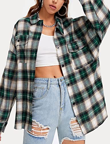 Zontroldy Womens Flannel Plaid Shirts Oversized Button Down Shirts Blouse Tops(0228-Pink-S)