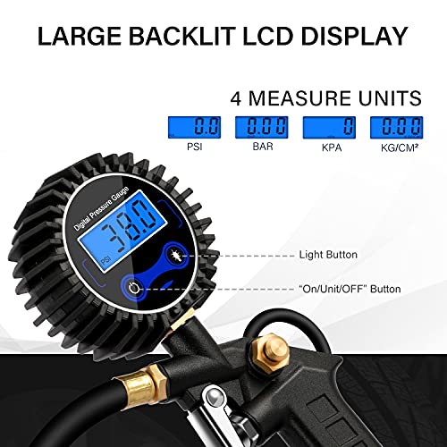 AVID POWER Digital Tire Pressure Gauge, Tire Inflator with Pressure Gauge 200PSI, Heavy Duty Air Chuck, Quick Connect Coupler for Air Compressor, Highly Accurate, Pressure Gauge with Deflator