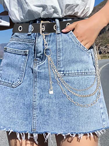 Jemiwa Leather Belt Chain Pant with Detachable Silver Punk Aesthetic Waist Belts Hip Hop Rock Jeans Chains (Black-B)