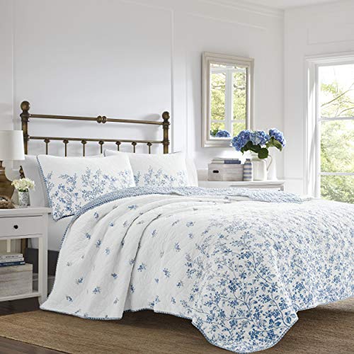 Laura Ashley Home - Twin Quilt Set, Reversible Cotton Bedding with Matching Sham, Pre-Washed Home Decor for Added Softness (Flora Blue, Twin)