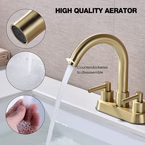TRUSTMI Brushed Gold Bathroom Faucet 4 Inch Centerset 2 Handle 3 Hole Lavatory Vanity Sink Faucet with Overflow Pop Up Drain and cUPC Water Supply Lines, Spot Resist